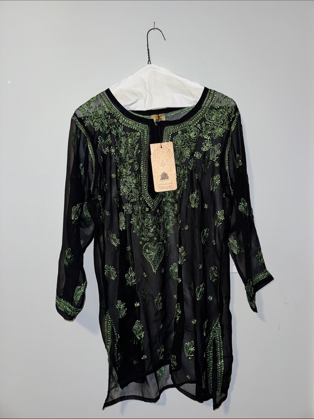 Ada Black Sheer Tunic with Green Embroidered Motifs